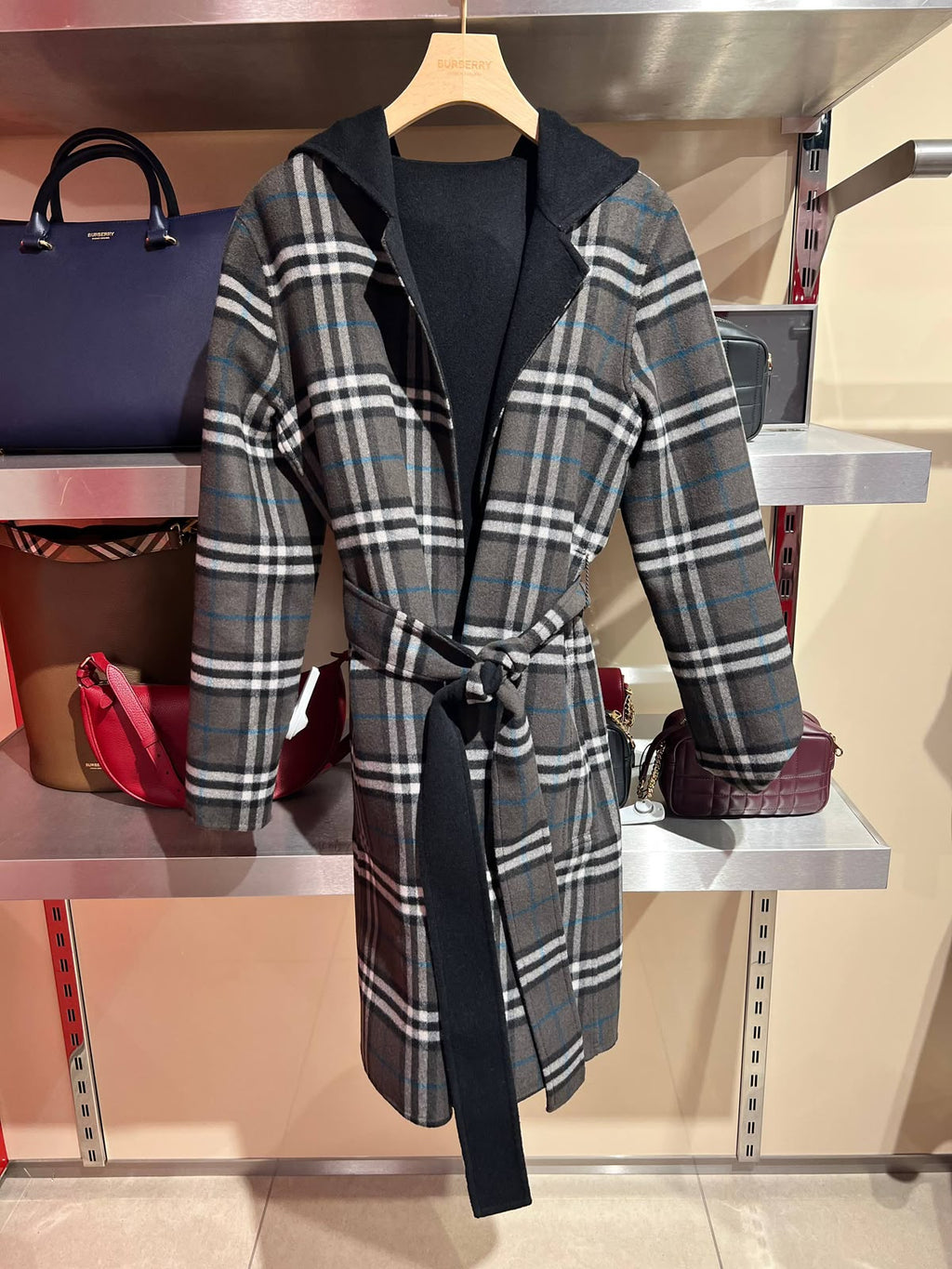 Reversible Check Wool Cashmere Hooded Wrap Coat