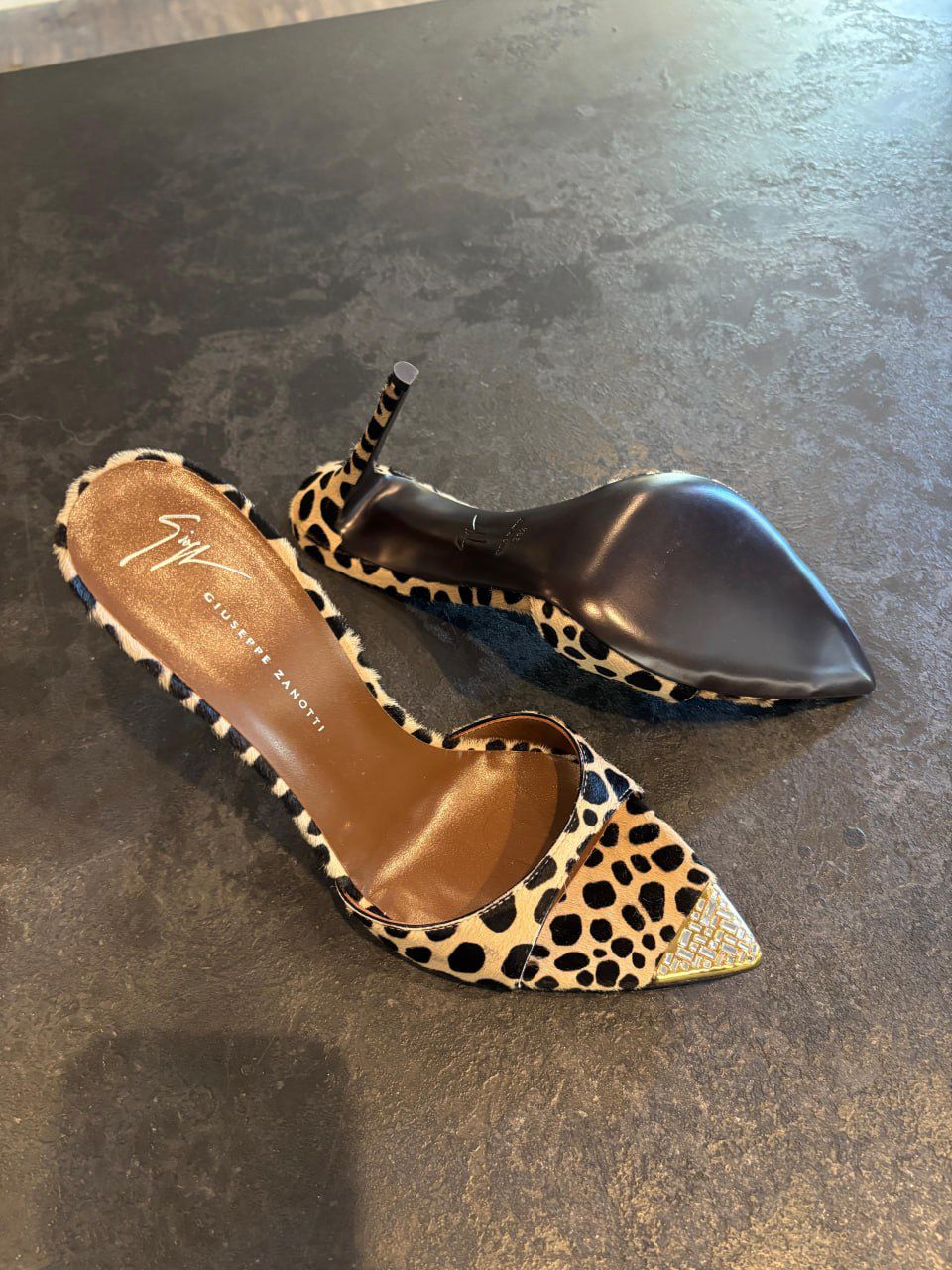 Leopard Print Calf Hair Mules with Crystal Toe Cap
