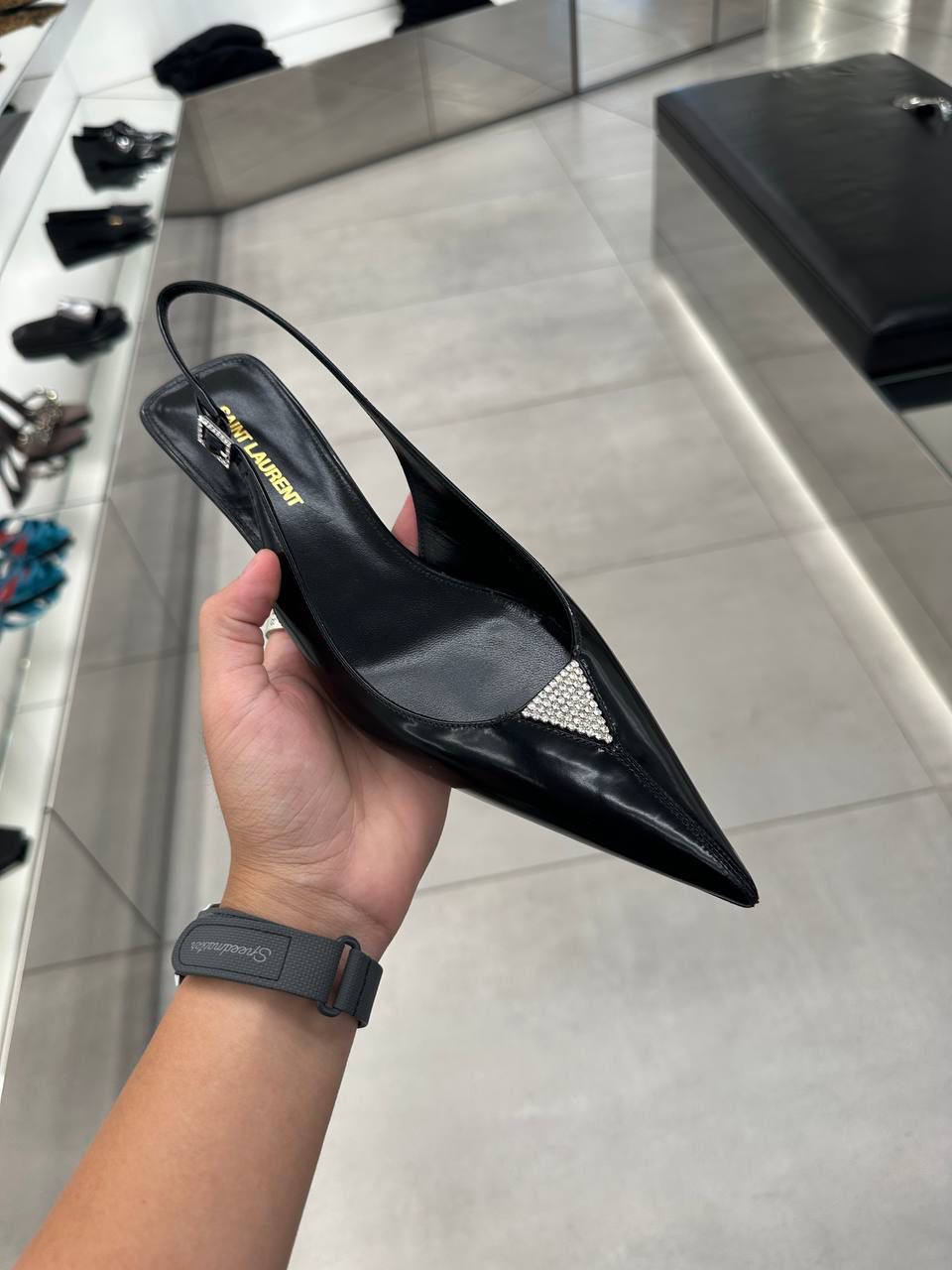 Blade Slingback Pumps in Patent Leather with Rhinestones
