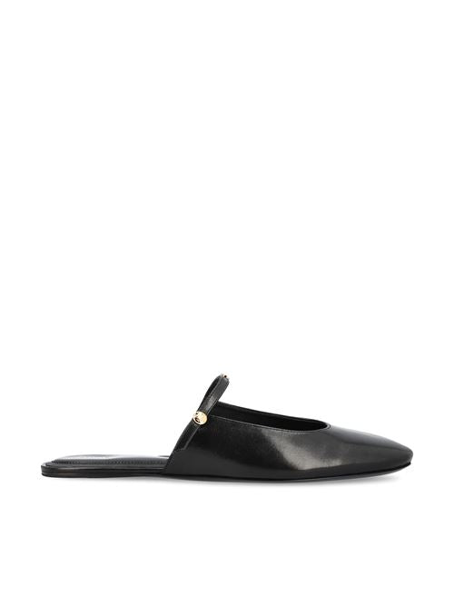 Black Leather Mules with Gold Detail