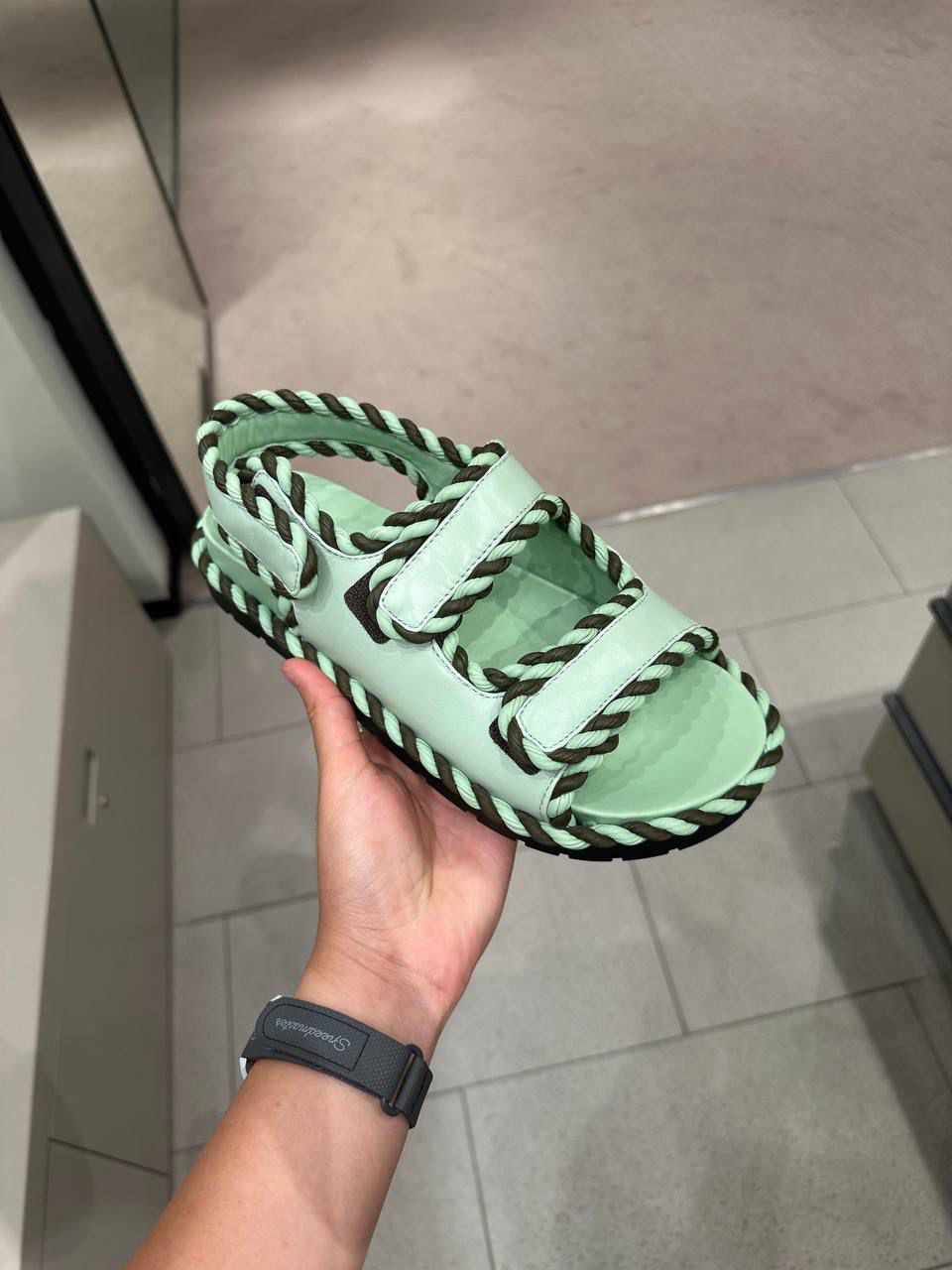 Rope-trimmed leather sandals