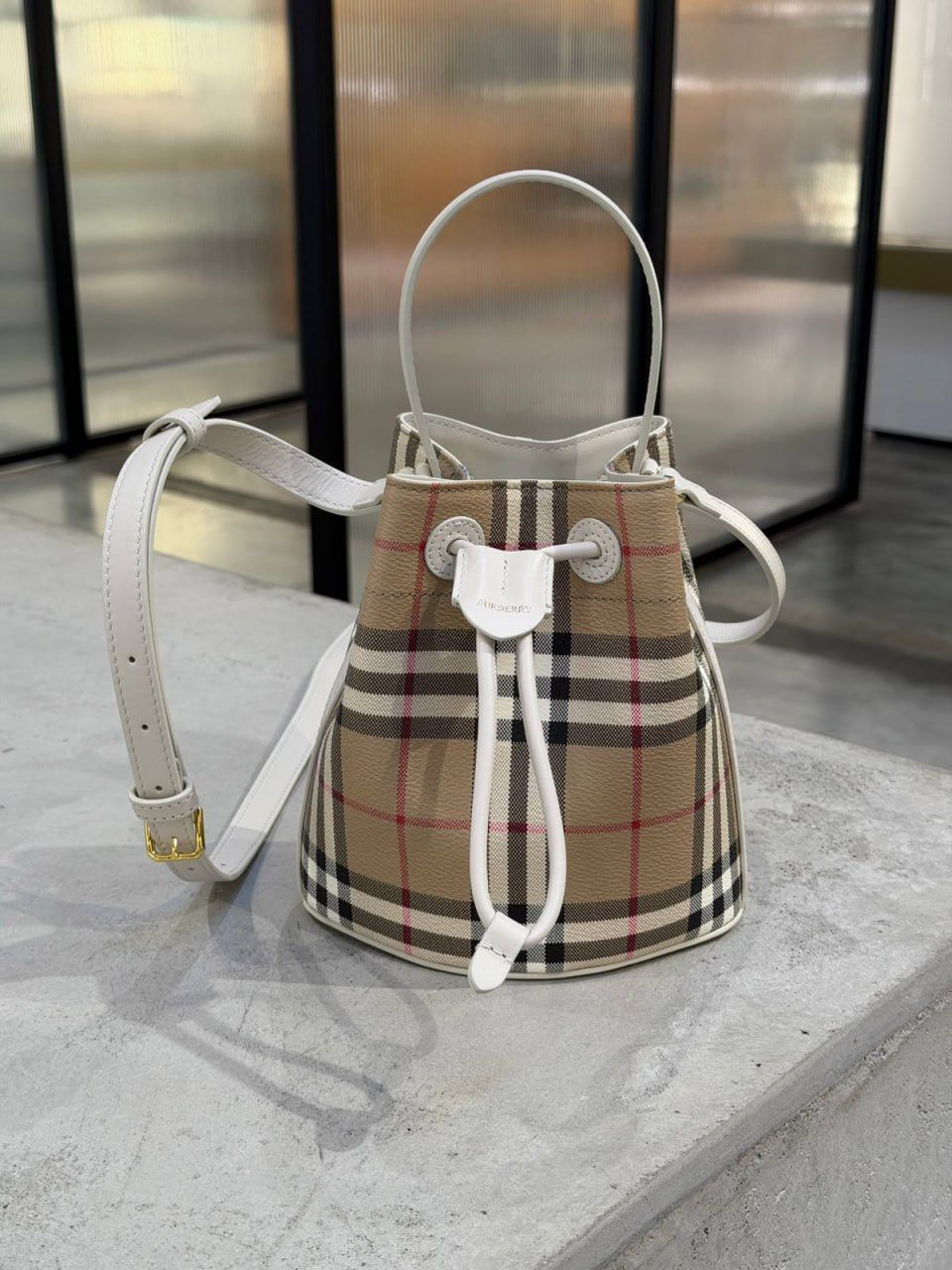 Small Check Canvas and Leather Bucket Bag