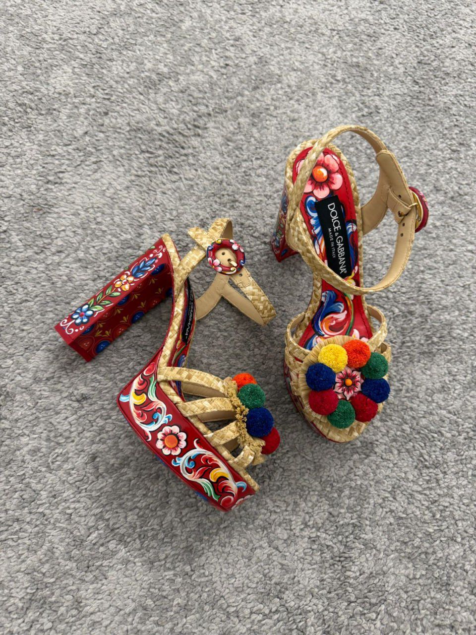 Dolce & Gabbana Carretto Print Straw Platform Sandals with Pom-Poms