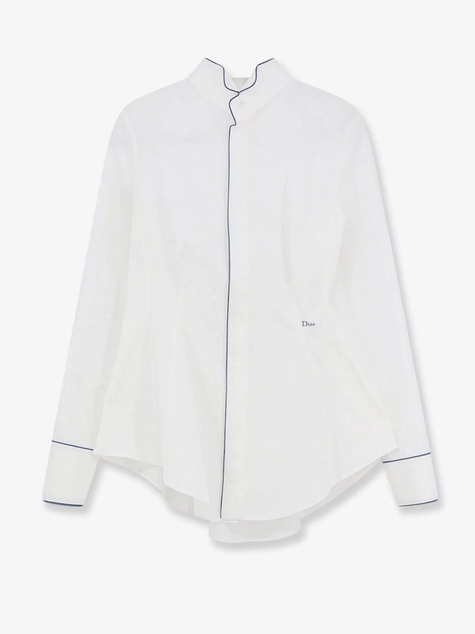 White Cotton Poplin Shirt with Navy Blue Piping