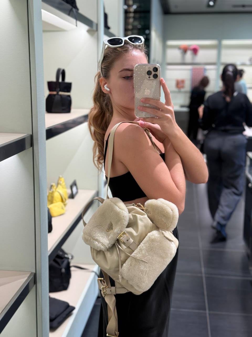 Re-Nylon and sheepskin backpack