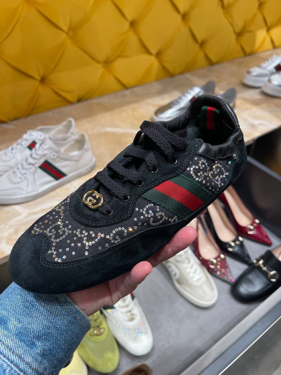 Gucci GG Supreme Crystal Embellished Ballet Flat