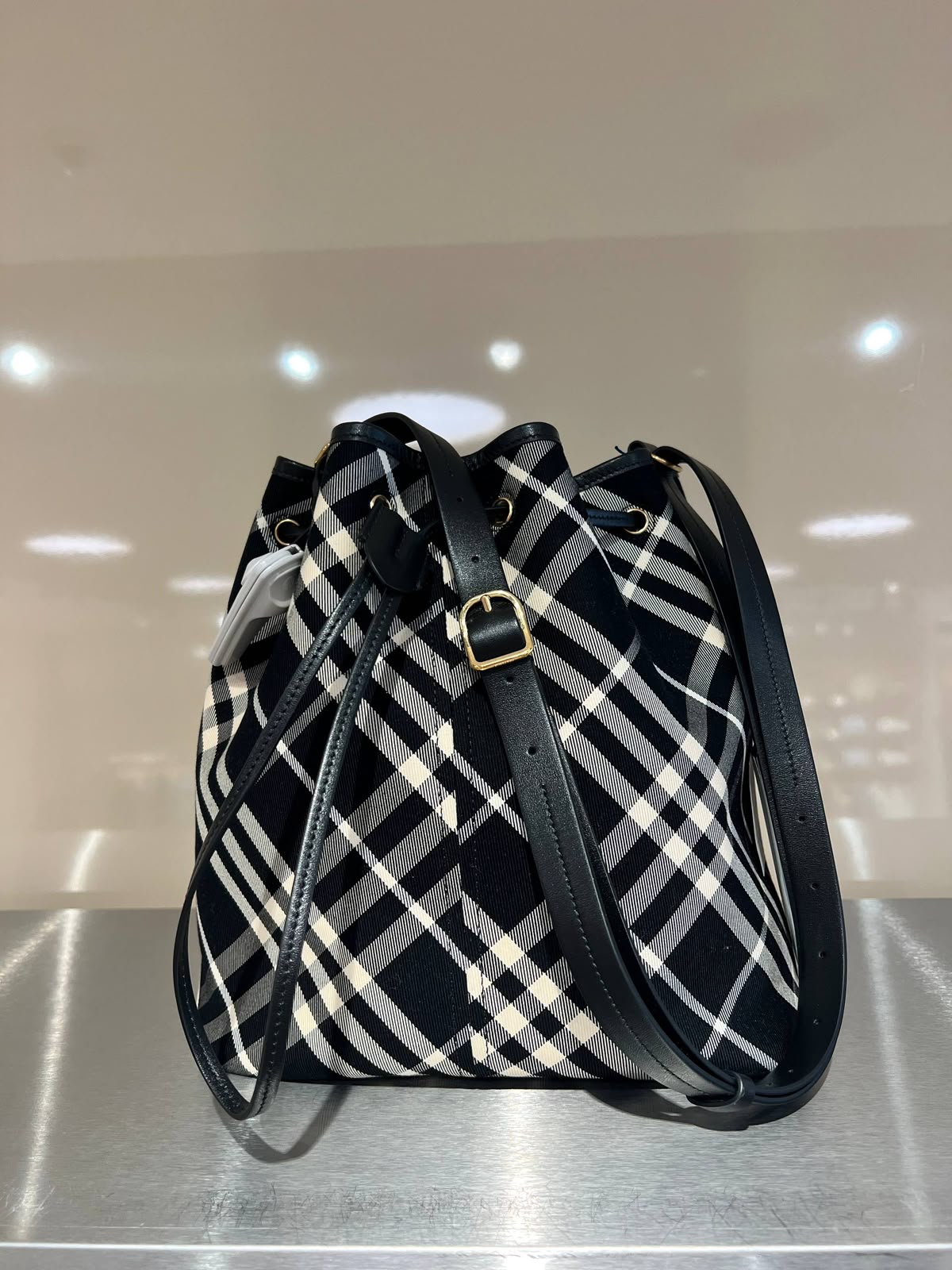 Check Canvas and Leather Bucket Bag