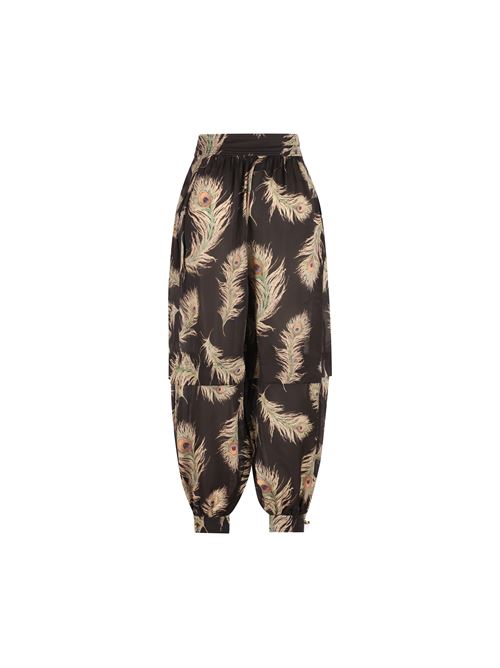 Pantalone in seta con stampa piume di pavone