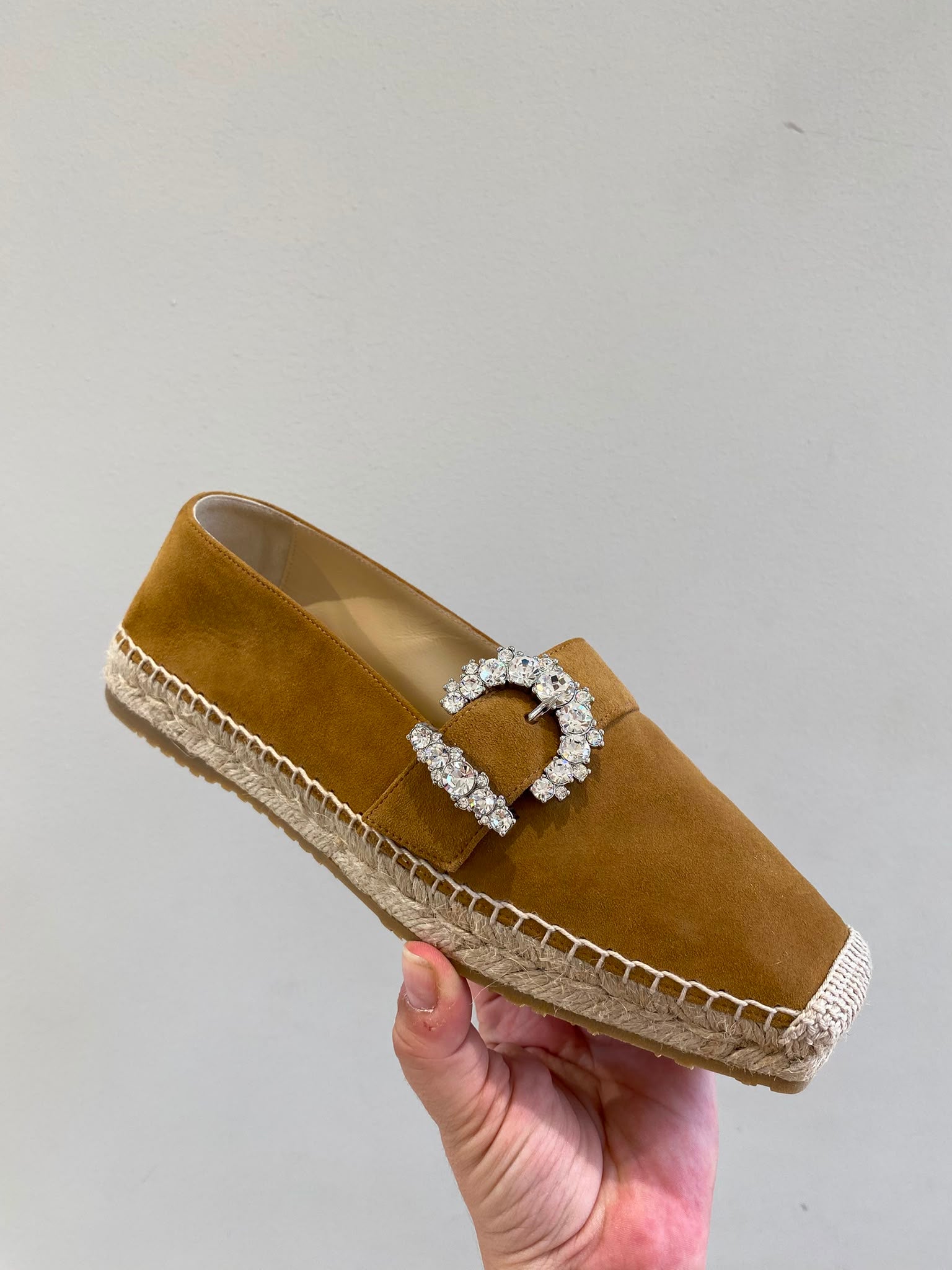 Crystal-Buckle Leather Espadrilles
