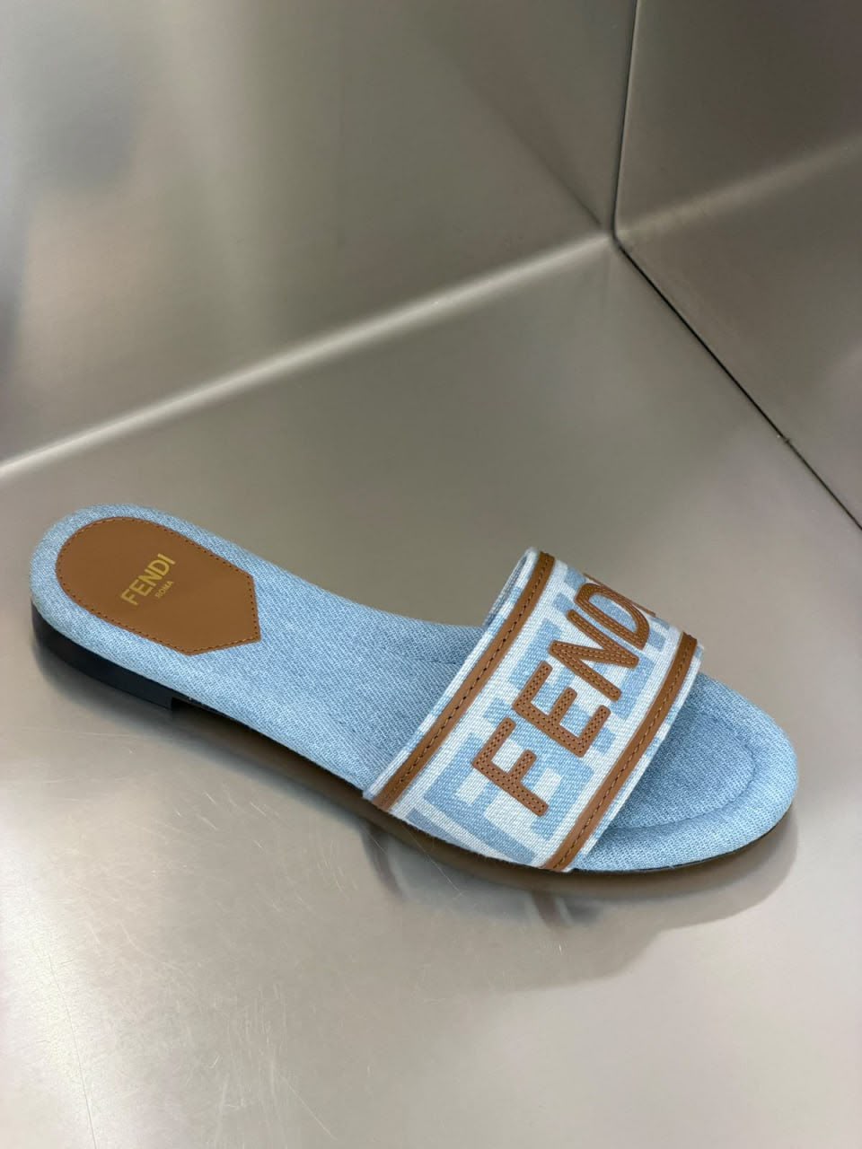 Slide Sandals in Light Blue Denim
