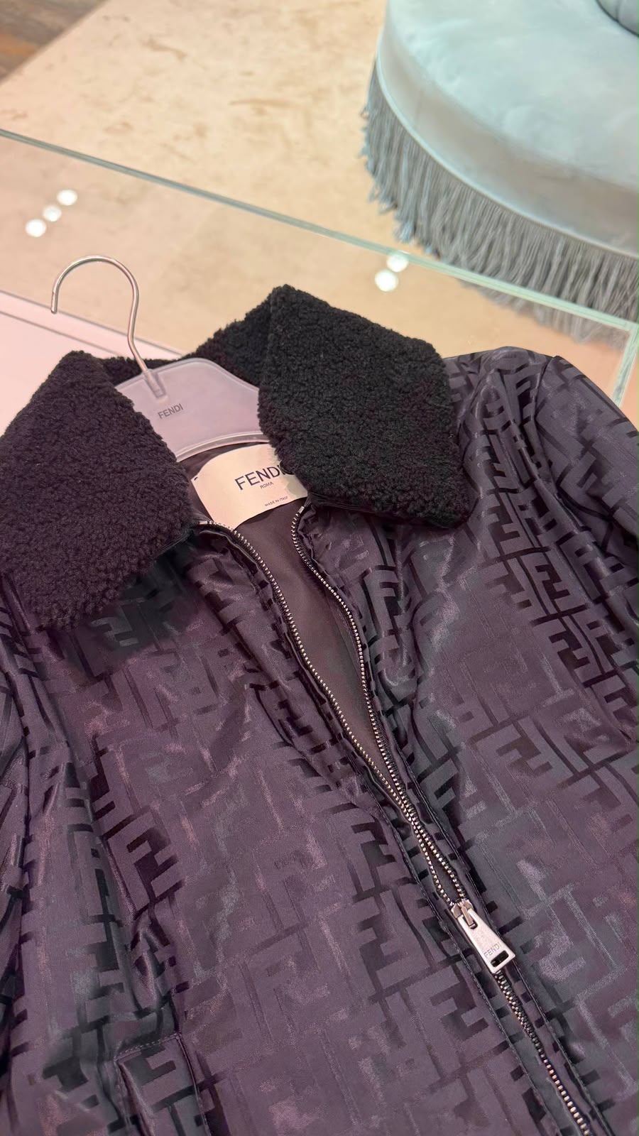 FF Logo Jacquard Bomber Jacket with Shearling Collar