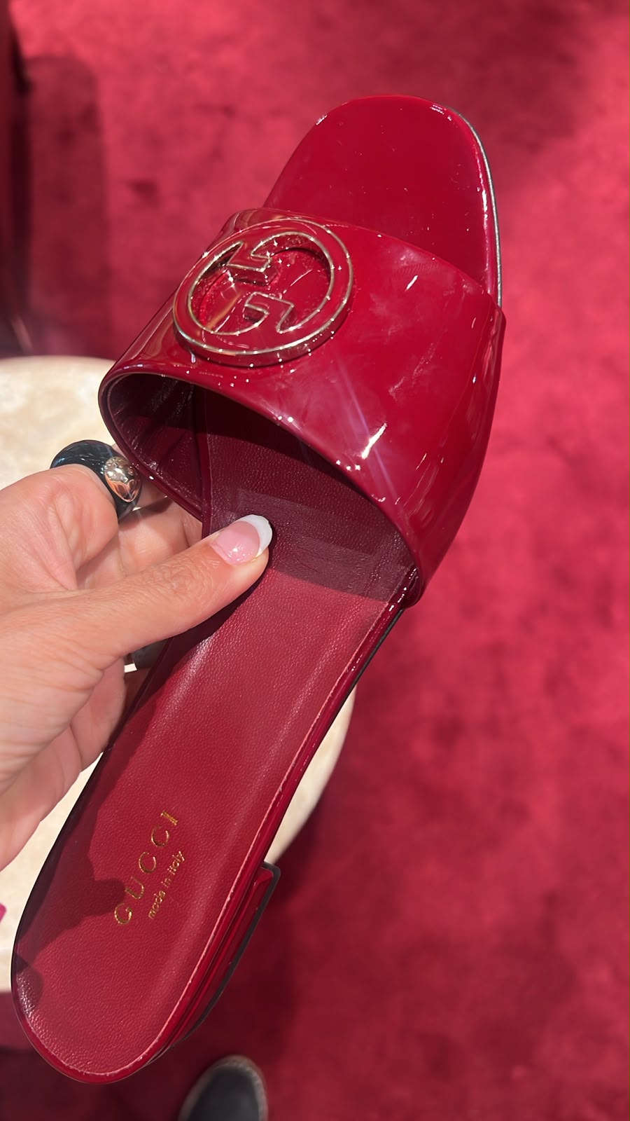 Patent Leather Slide Sandal with Interlocking G