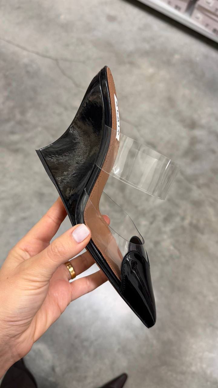 Clear Strap Patent Wedge Mules