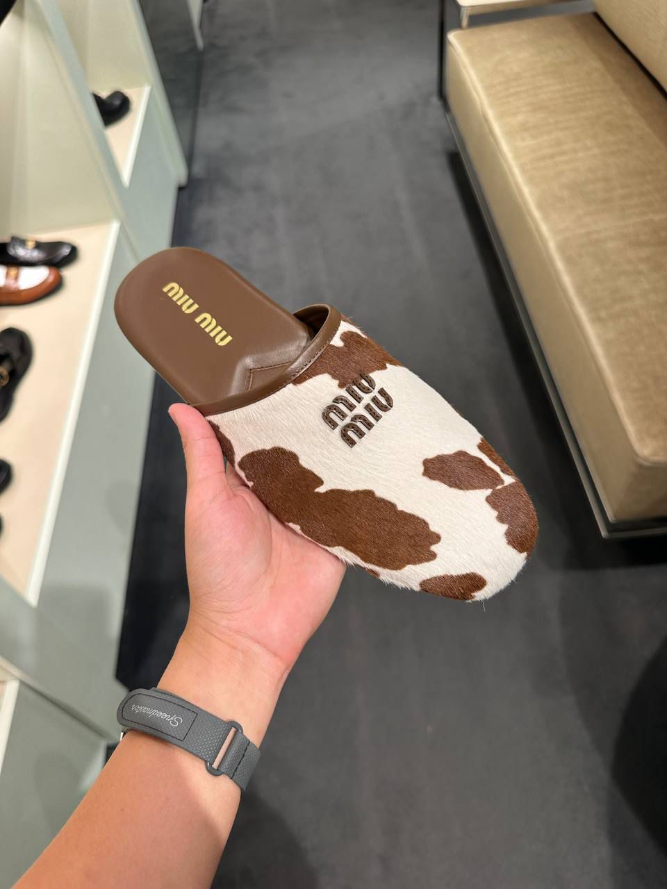 Cow-Print Hair Calf Mules