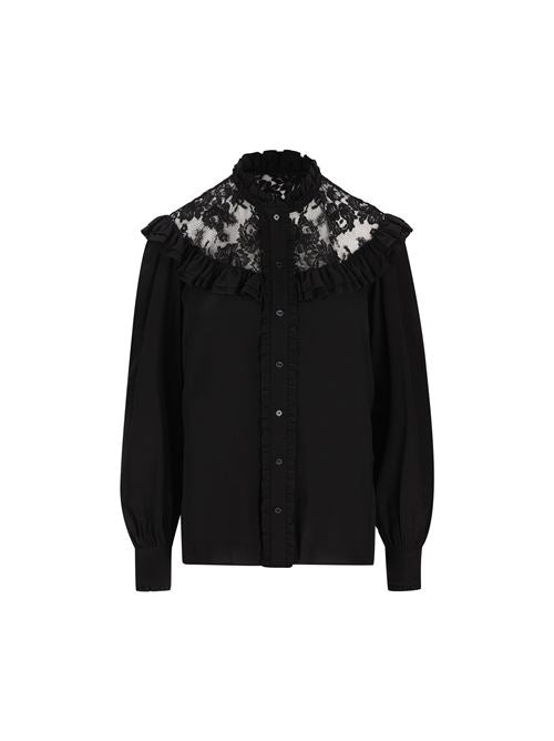 Blusa a collo alto con volant in crêpe de chine e pizzo