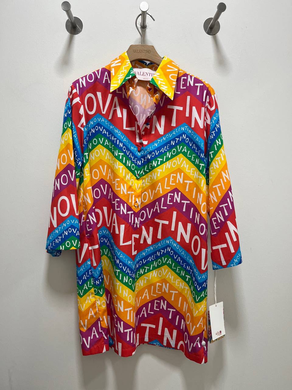 Chevron Logo Print Silk Shirt Dress