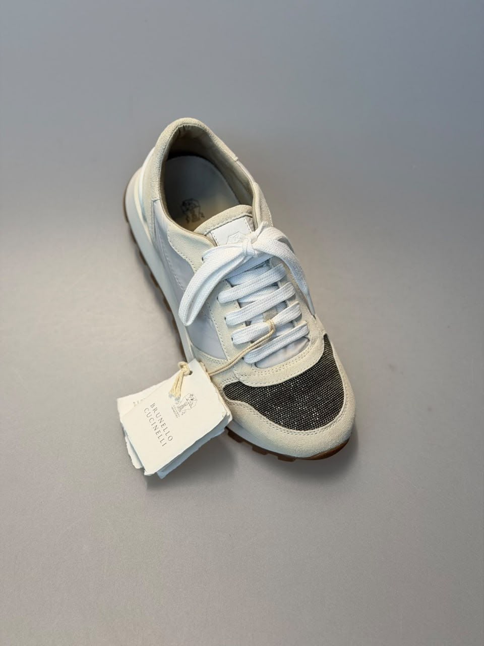 Monili-embellished suede and technical fabric sneakers