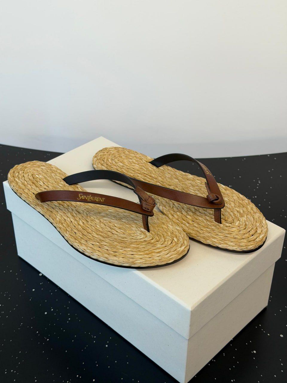 Saint Laurent Flip-Flops in Raffia and Leather