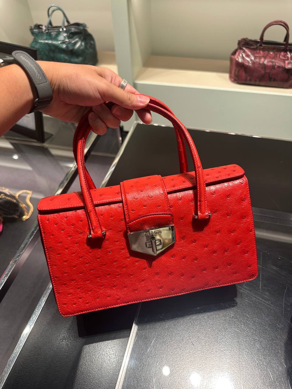Ostrich Leather Top Handle Bag