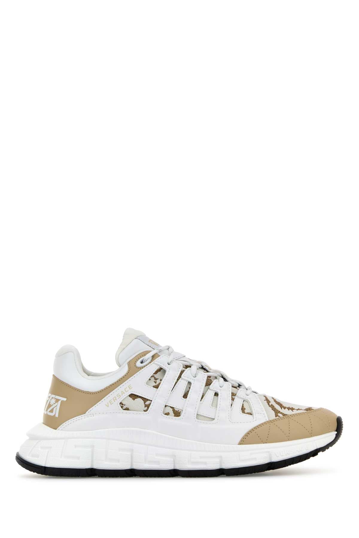 VERSACE SNEAKER CALF LEATHER+JACQUARD BAROCCO+FABRIC For Men 2.Lining:100% Calf leatherLining 1:16% Goat Leather, 84% PolyesterLining 3:100% Calf leatherOutside:100% Calf leatherSole:100% Thermoplastic polyurethaneTrim:100% Calf leather