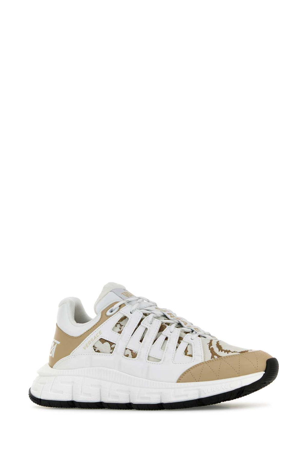 VERSACE SNEAKER CALF LEATHER+JACQUARD BAROCCO+FABRIC For Men 2.Lining:100% Calf leatherLining 1:16% Goat Leather, 84% PolyesterLining 3:100% Calf leatherOutside:100% Calf leatherSole:100% Thermoplastic polyurethaneTrim:100% Calf leather