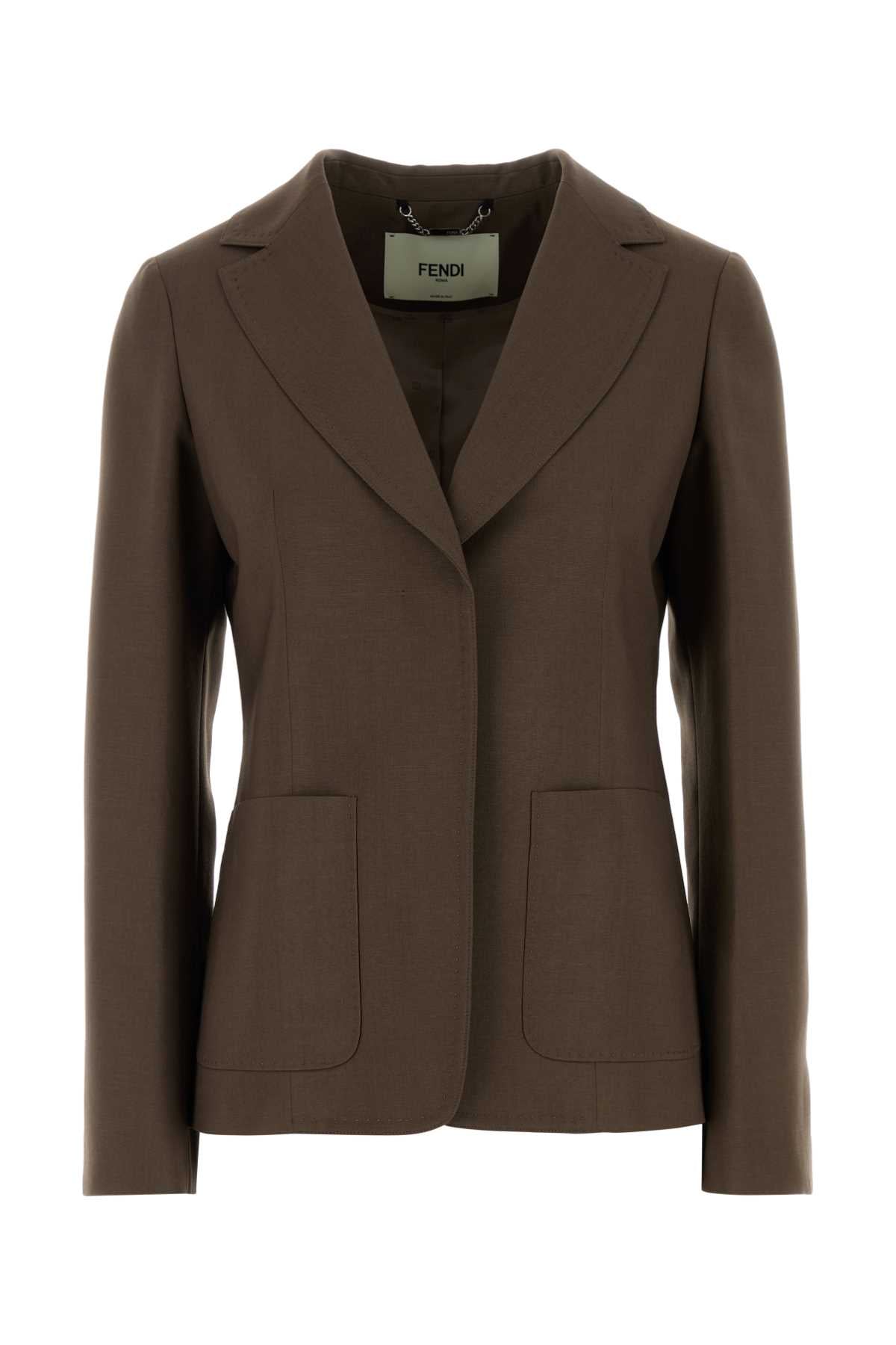 FENDI BROWN SINGLE BREAST JACKET For Women Exterior: 75% Wool 25% Mohair Lining: 100% Viscose