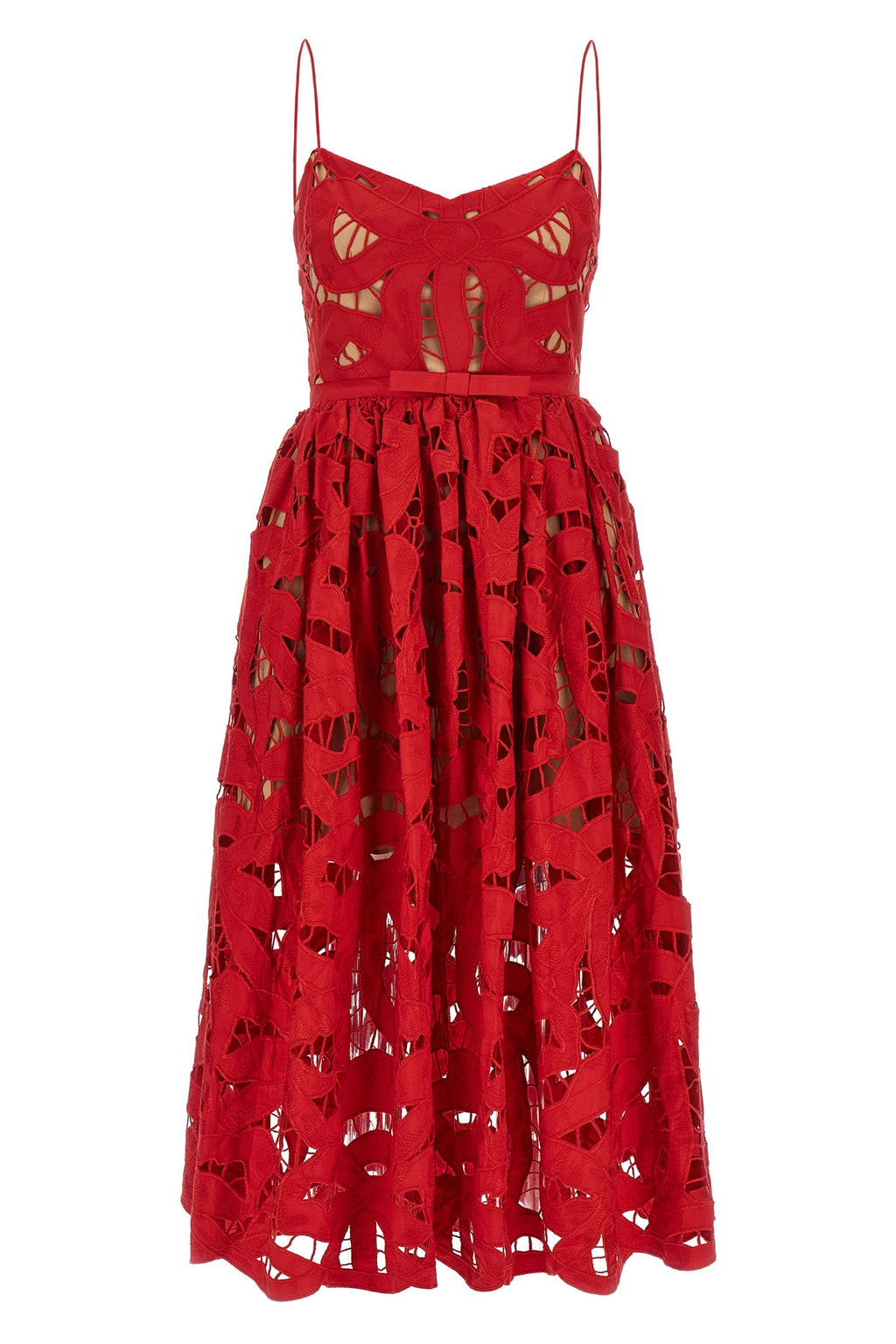 SELF PORTRAIT 'Red Bow Embroidered Midi' dress For Women 52% linen, 48% cotton