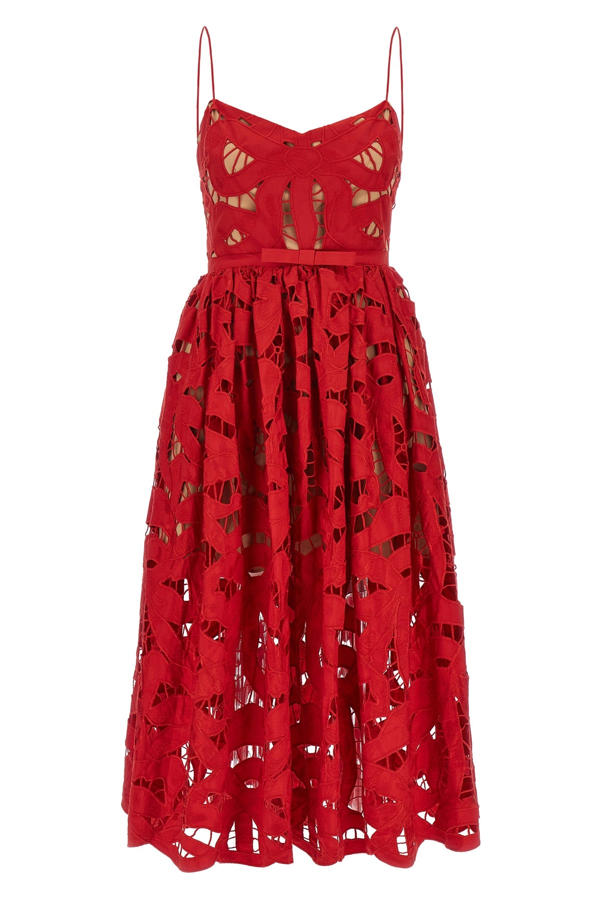 SELF PORTRAIT 'Red Bow Embroidered Midi' dress For Women 52% linen, 48% cotton
