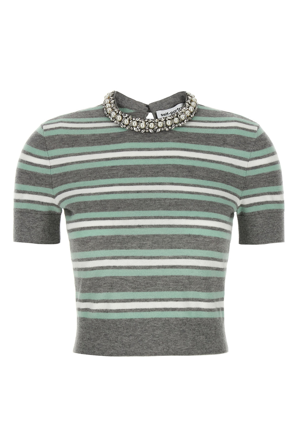 SELF PORTRAIT 'Grey Striped Crystal Trim Knit' sweater For Women 81% wool 16% cotton 3% cachemire