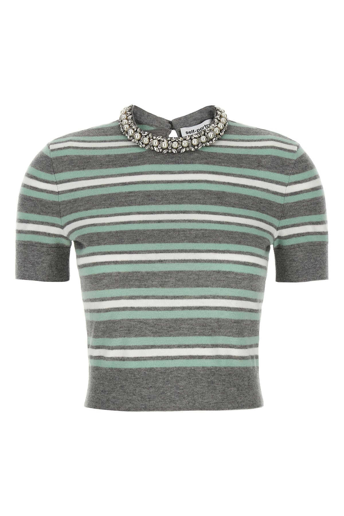SELF PORTRAIT 'Grey Striped Crystal Trim Knit' sweater For Women 81% wool 16% cotton 3% cachemire