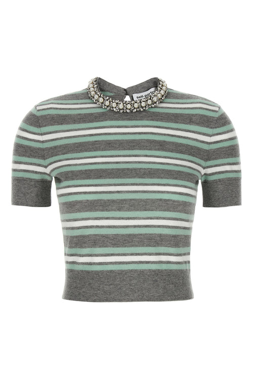 SELF PORTRAIT 'Grey Striped Crystal Trim Knit' sweater For Women 81% wool 16% cotton 3% cachemire