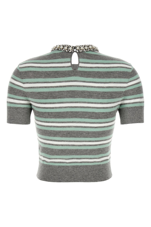 SELF PORTRAIT 'Grey Striped Crystal Trim Knit' sweater For Women 81% wool 16% cotton 3% cachemire