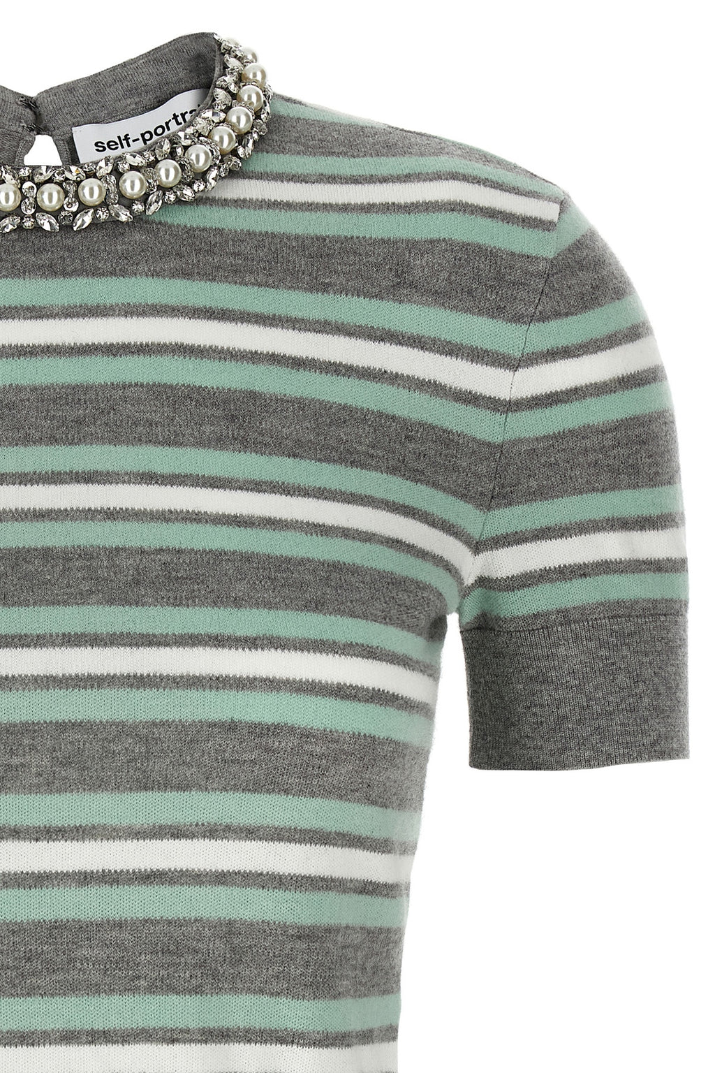 SELF PORTRAIT 'Grey Striped Crystal Trim Knit' sweater For Women 81% wool 16% cotton 3% cachemire