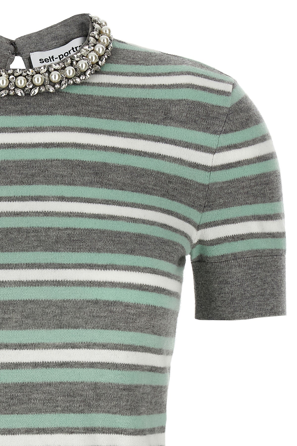 SELF PORTRAIT 'Grey Striped Crystal Trim Knit' sweater For Women 81% wool 16% cotton 3% cachemire