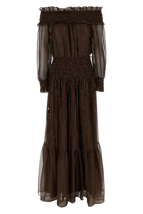 SELF PORTRAIT 'Brown Georgette Off Shoulder Maxi' dress For Women 95% silk 5% metallic