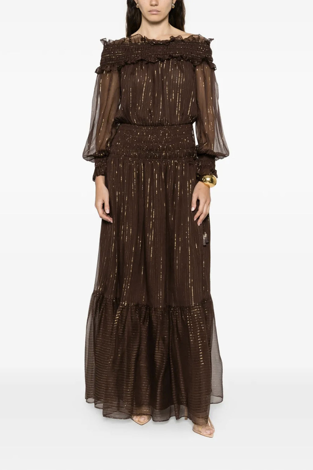SELF PORTRAIT 'Brown Georgette Off Shoulder Maxi' dress For Women 95% silk 5% metallic