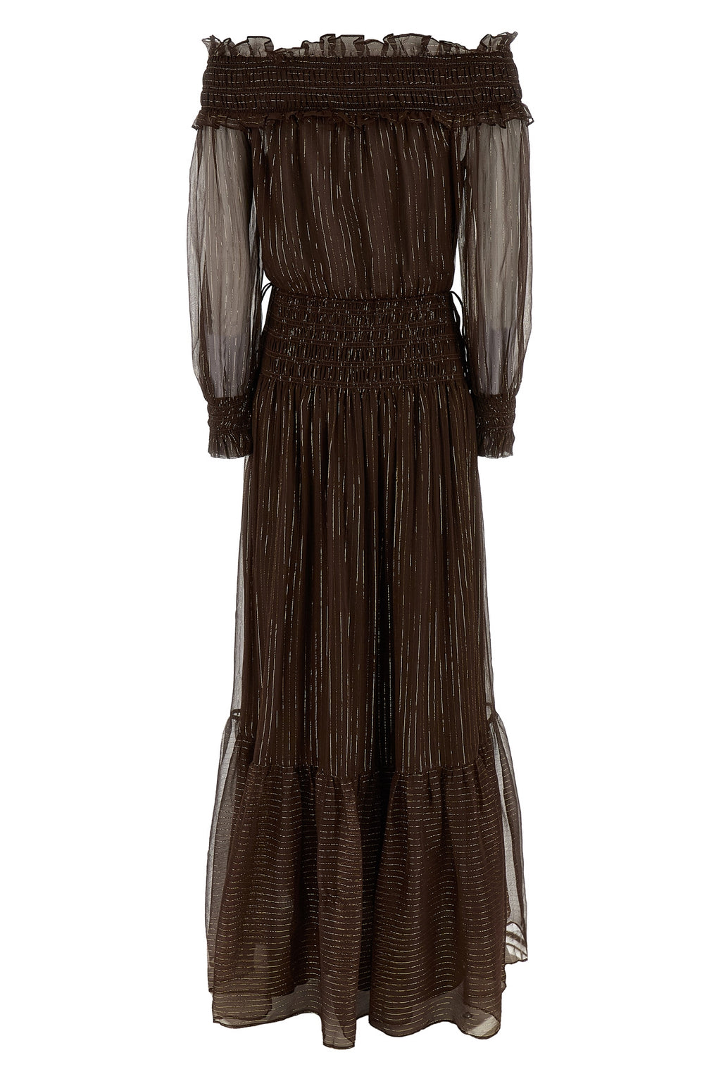 SELF PORTRAIT 'Brown Georgette Off Shoulder Maxi' dress For Women 95% silk 5% metallic