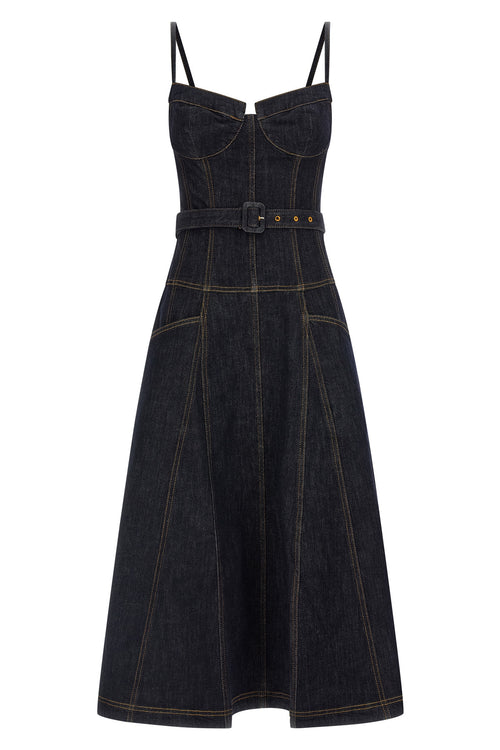 SELF PORTRAIT 'Indigo Denim Flared Midi' dress For Women 94% cotton 5% polyester 1% elastane