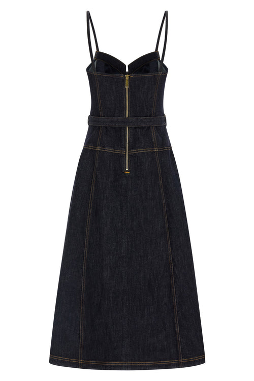 SELF PORTRAIT 'Indigo Denim Flared Midi' dress For Women 94% cotton 5% polyester 1% elastane