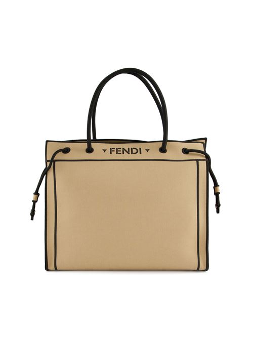Borsa shopper in tela beige ricamata