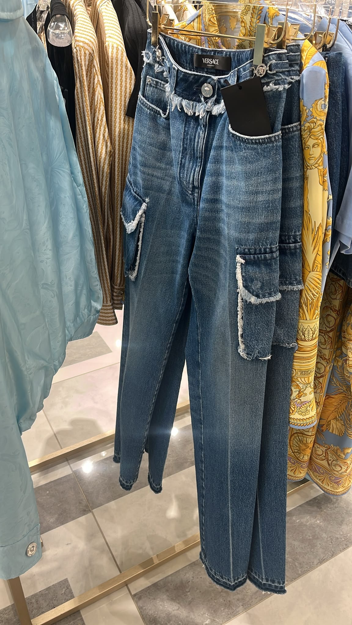 Frayed Cargo Denim Jeans