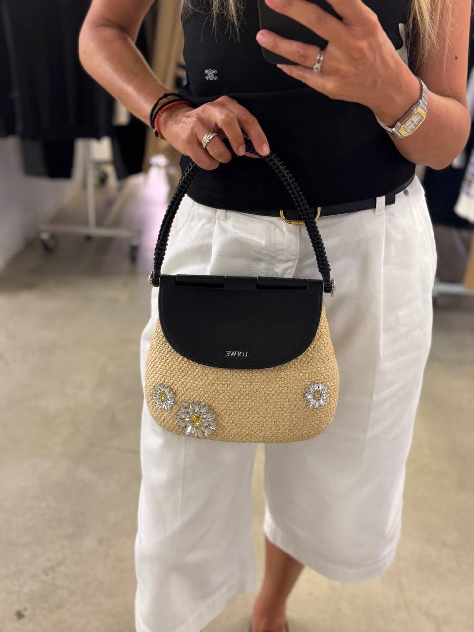 Paseo Satchel in Raffia and Calfskin with Crystal Embellishments
