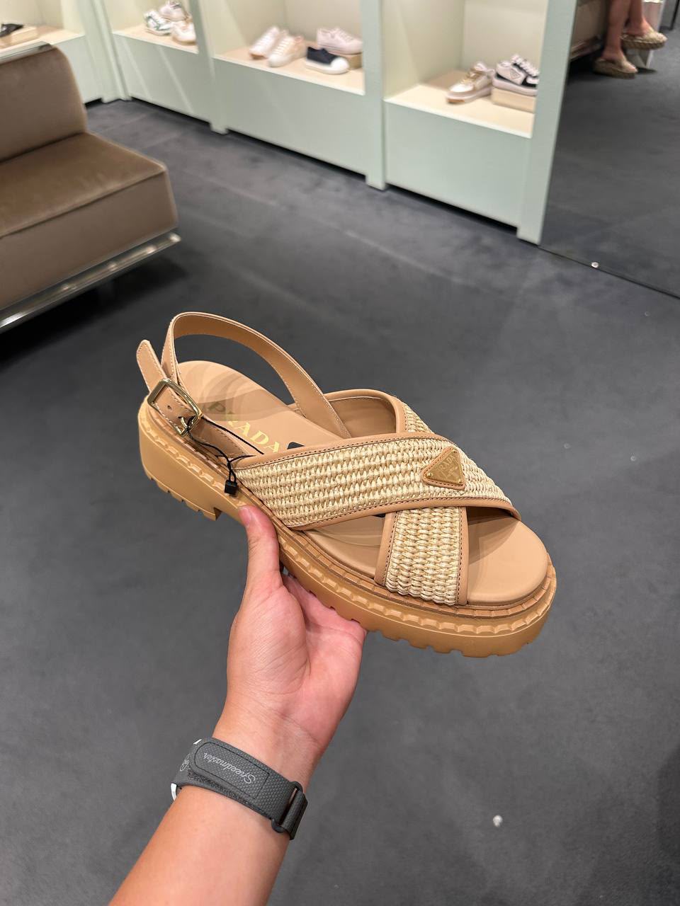Woven fabric and leather sandals