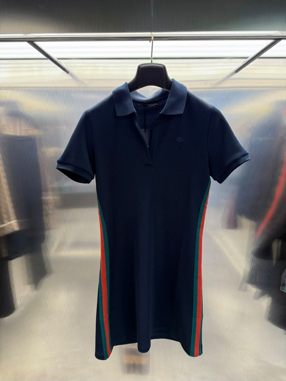 Ribbed Polo Dress with Web Stripe