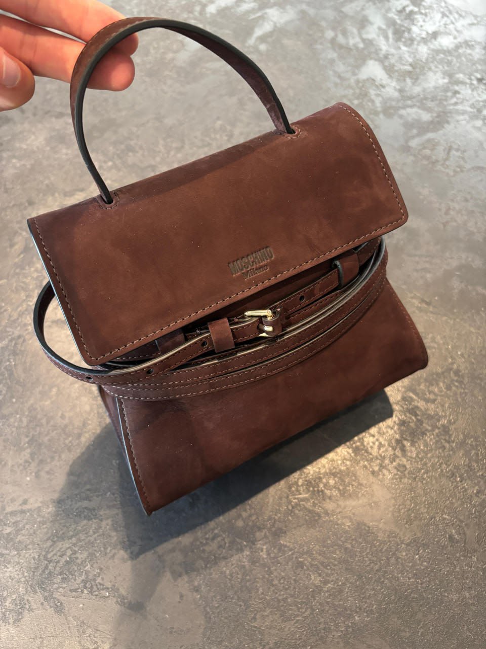 Suede Belted Top Handle Bag