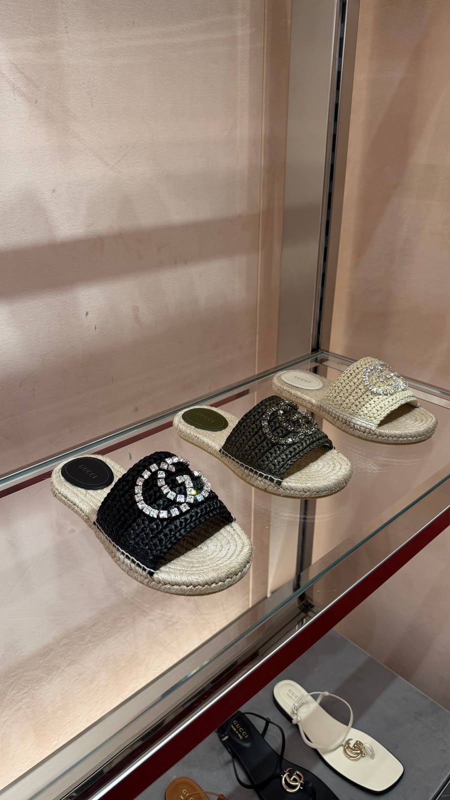 Double G Crystal-Embellished Raffia Slide Sandals