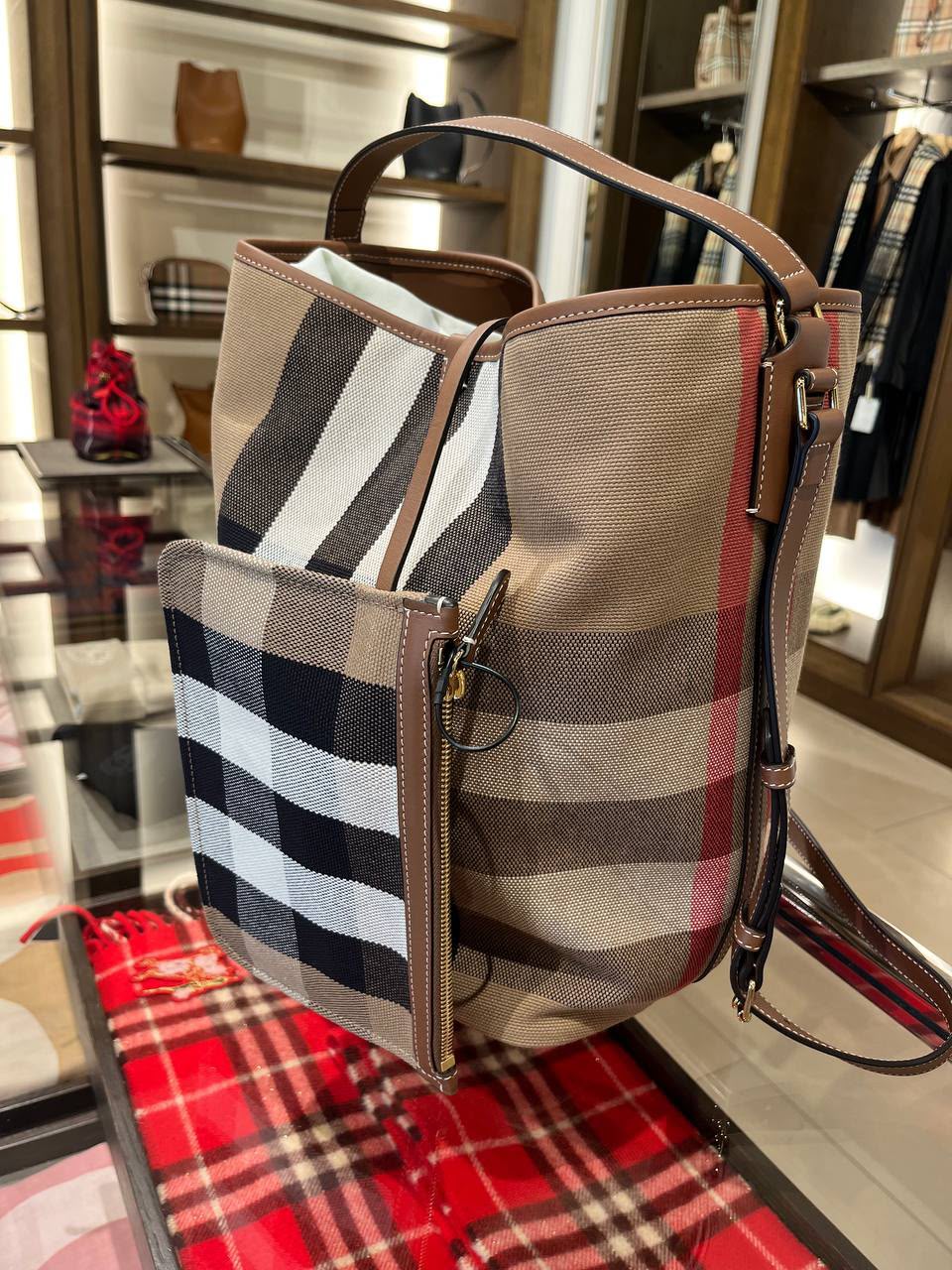 Check Canvas and Leather Bucket Bag