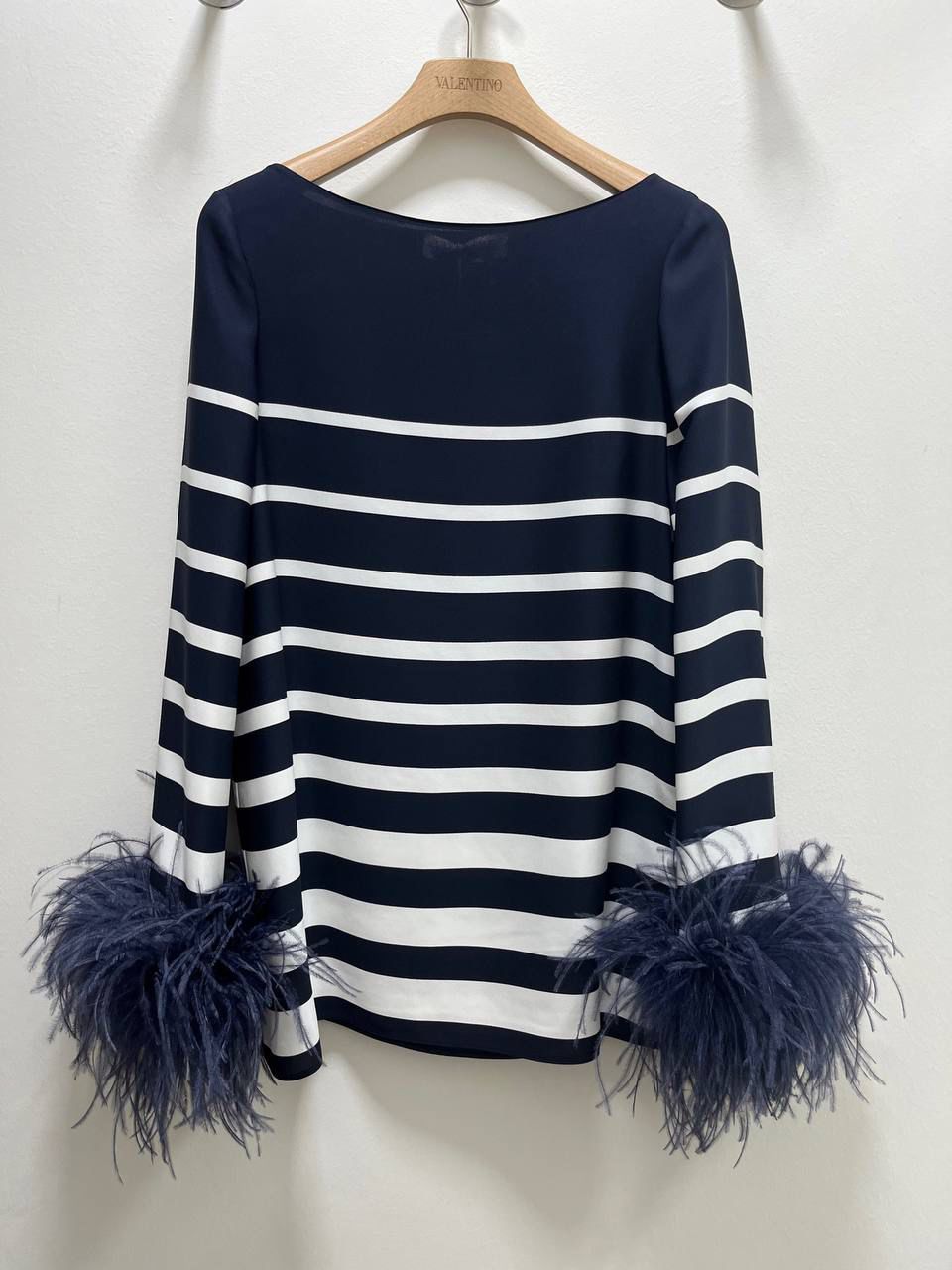 Feather-Trimmed Striped Silk Top