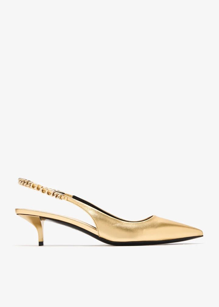 Metallic Kitten Heel Slingbacks with Chain Detail