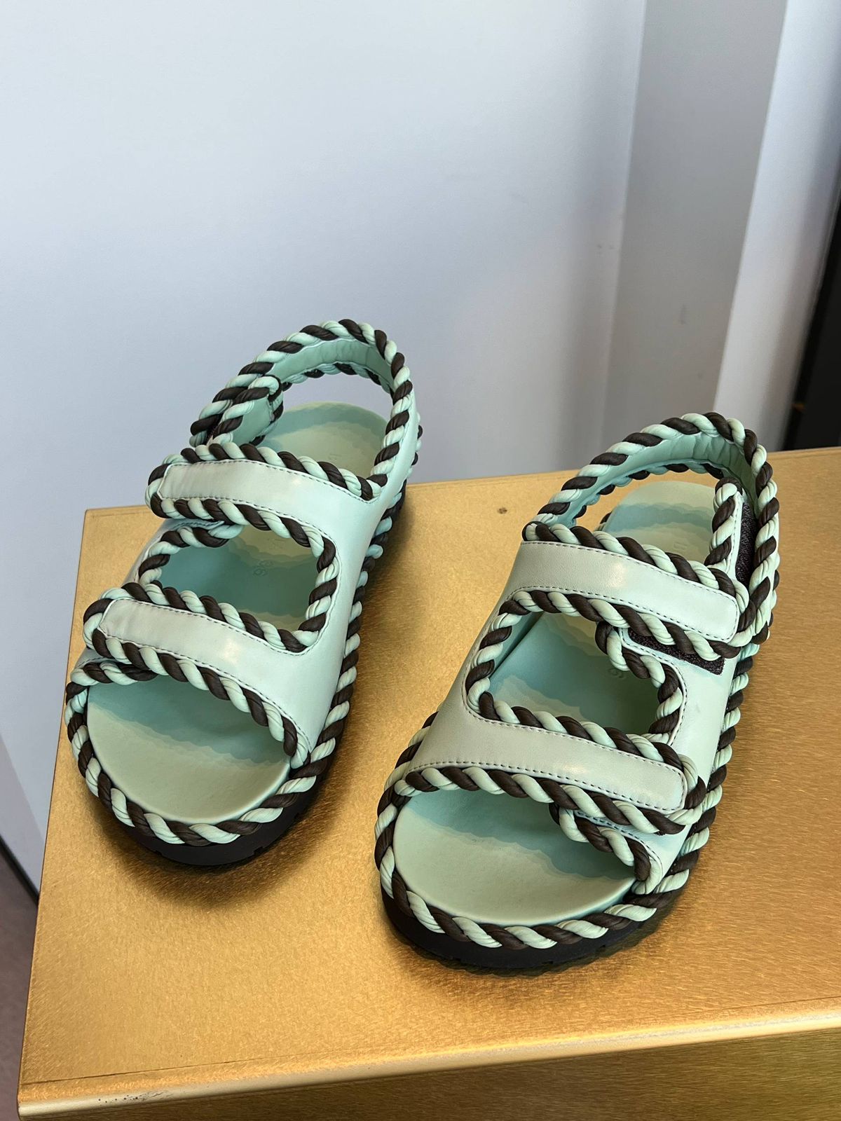 Rope-trimmed leather sandals